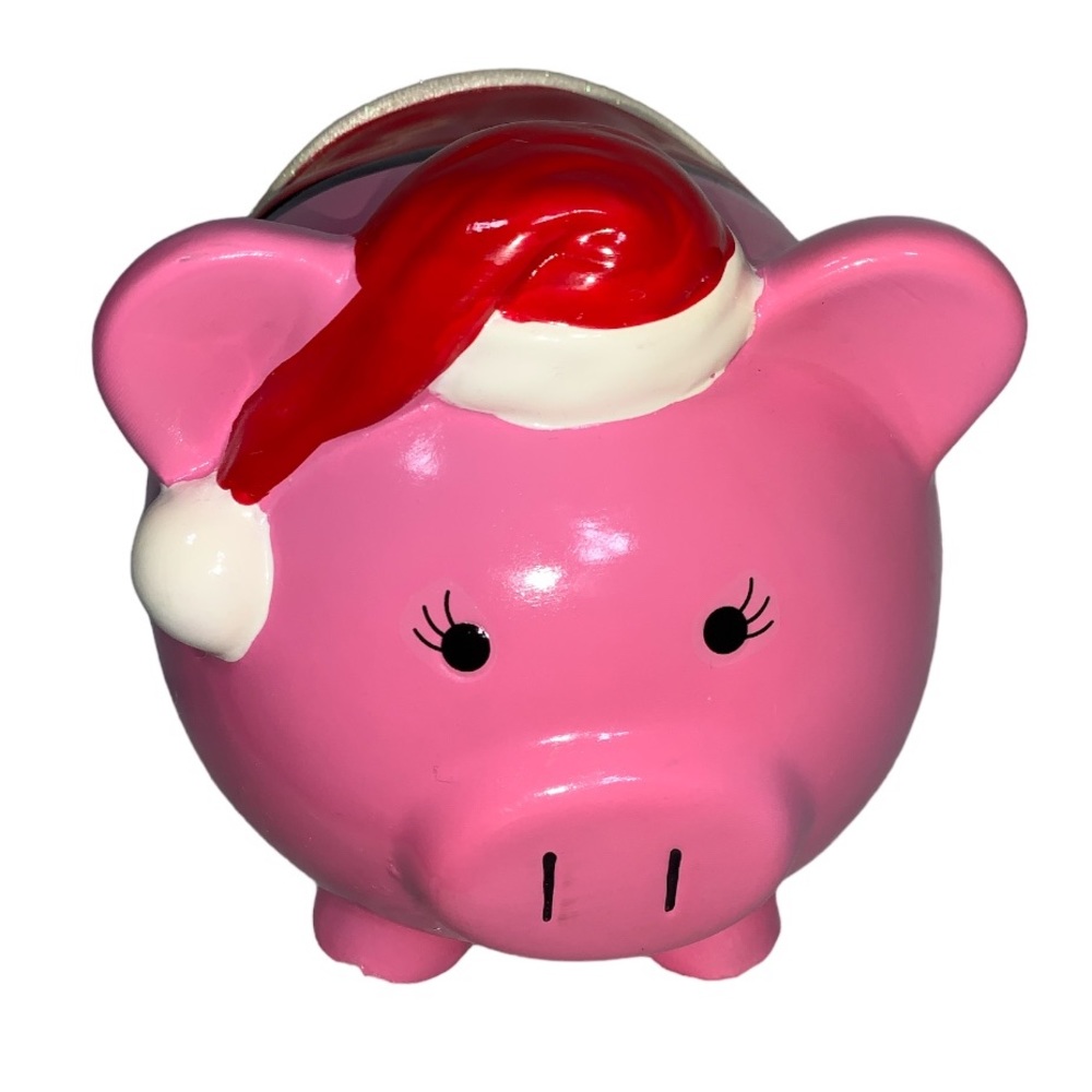Target Piggy bank 8.5" pink 2010 Christmas pig with lashes Santa's hat and skirt